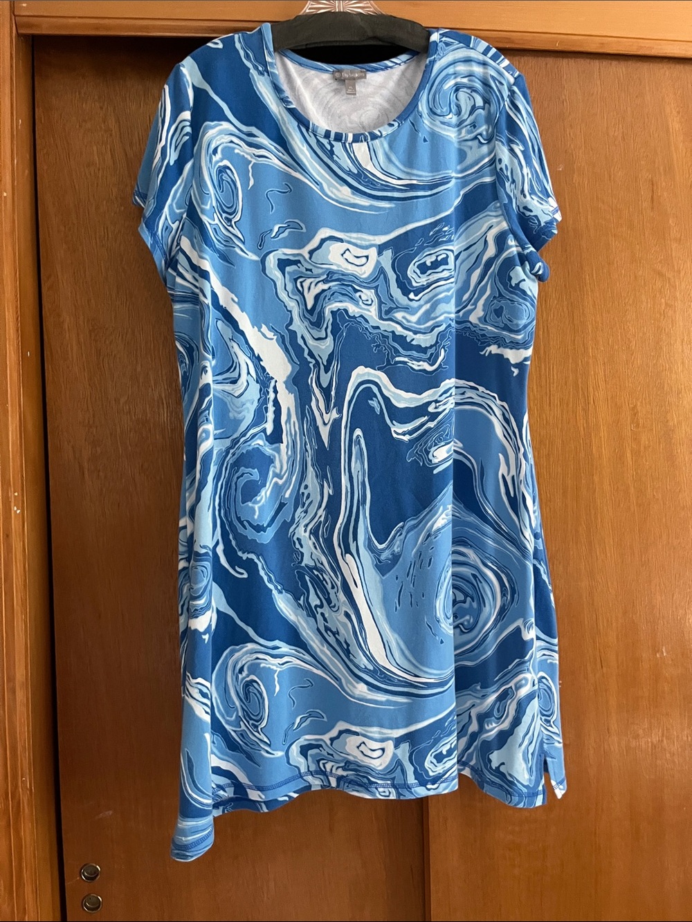 Talbots Blue Marble-Print Short Sleeve dress